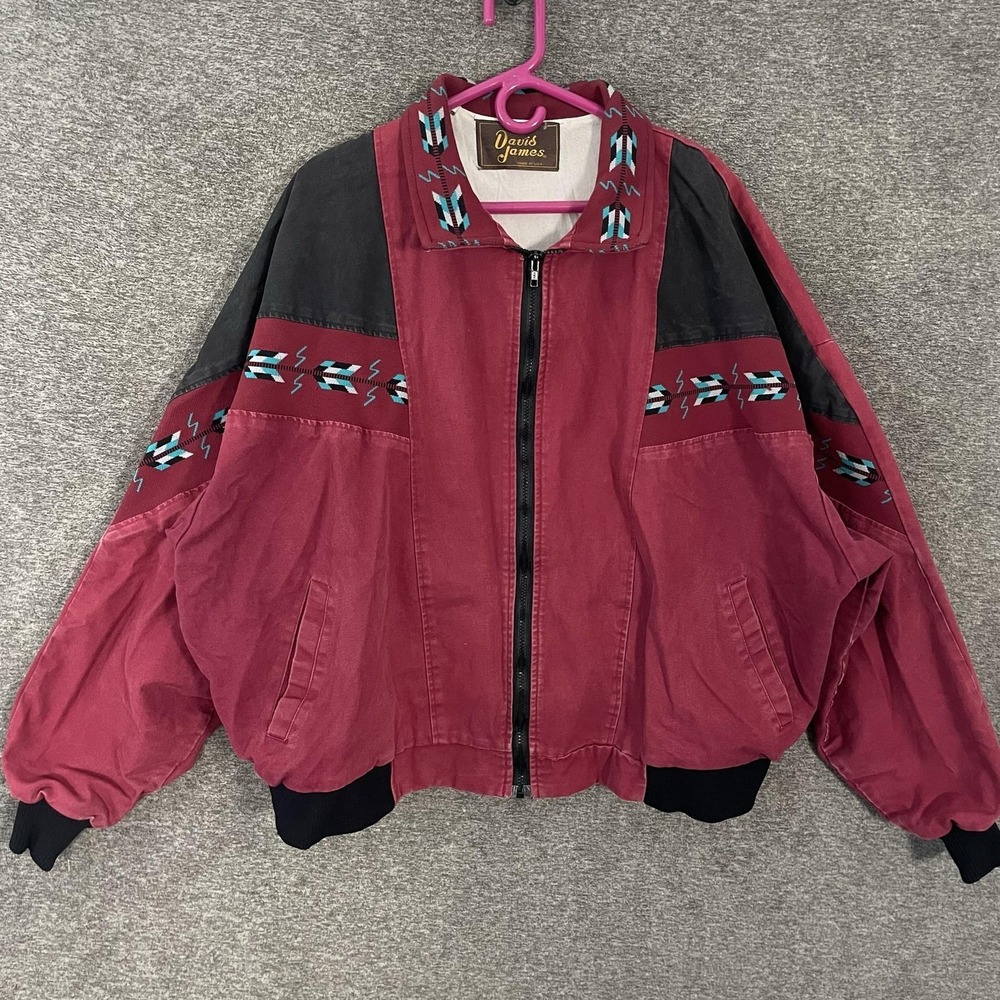 Vintage David James Jacket Mens 2XL Red Southwestern Bomber Made USA 80s 90s
